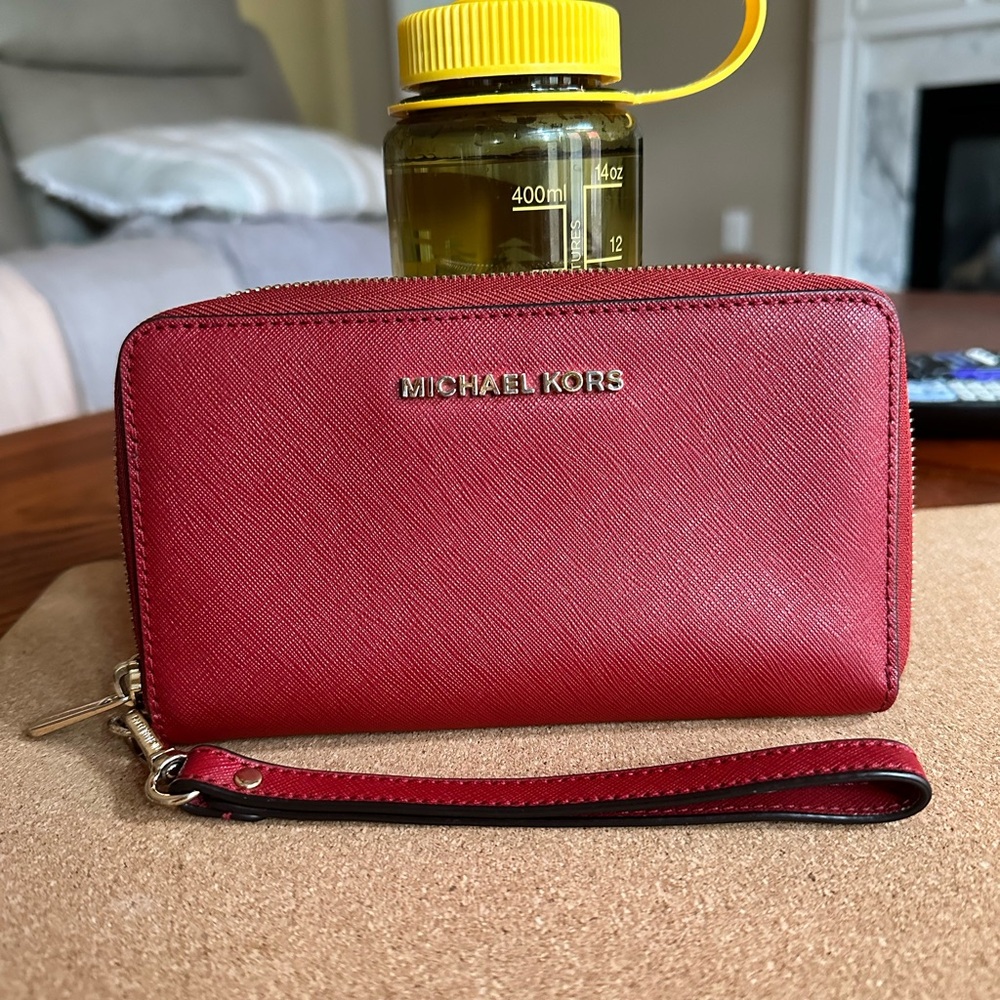 Sold- Michael Kors Leather Full Zip Around Wallet & Wrislet, Red, Large